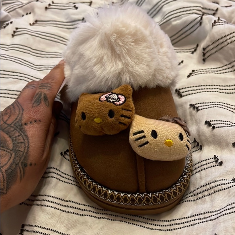 Brown and White Moccasin Slippers with Fur Trim